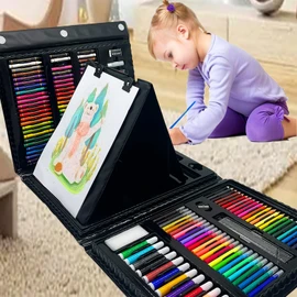 208 PCS Art Supplies, Drawing Art Set Kit for Kids,Teens Artist, Adults Art Set with Double Sided Trifold Easel, Oil Pastels, Crayons, Colored Pencils, Watercolor Pens Gift for Girls Boys Artist,Black