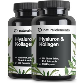 natural elements Hyaluronic Acid Collagen Complex (Set of 2) - 2 x 180 Capsules - Enriched with Biotin, Selenium, Zinc, Vitamin C from Acerola & Bamboo Extract - Laboratory Tested