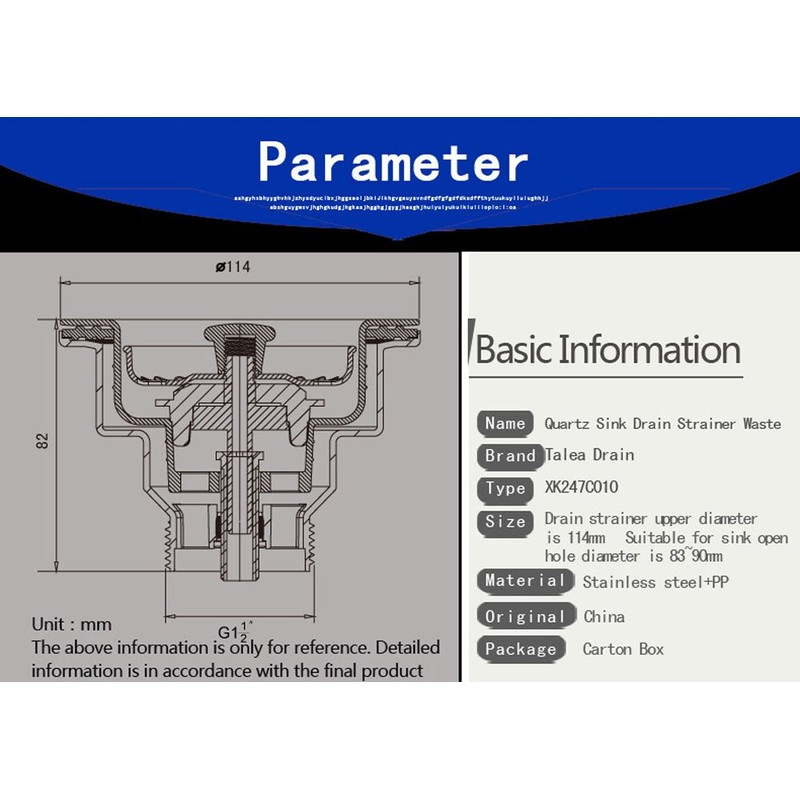 Talea Kitchen Sink Flange 114mm 1-1/2" Strainer Drain with Plug