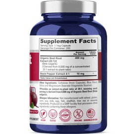 NusaPure Organic Beet Root 20:1 Extract, 400 mg Equivalent to 8,000 mg - Black Pepper 4:1 Extract, 10 mg - 200 Veggie caps (Vegan, Non-GMO)