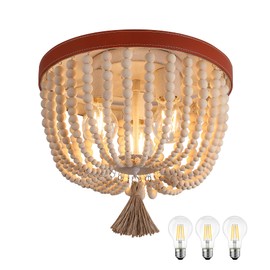 AMZASA Boho Wood Beaded Flush Mount Ceiling Light 3-Lights Farmhouse Chandelier Light Fixture for Nursery Bedroom Hallway Entryway Laundry Included Bulbs