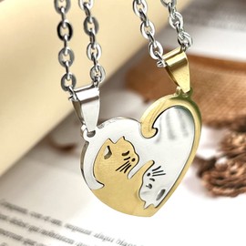 INENIMARTJ Pet Cat Dog Puzzle Necklace Couple Friendship Matching Necklaces for Women,Stainless Steel Peach Heart Pendant Yin Yang Friendship Jewelry, Zinc, No Gemstone