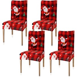 Christmas Chair Covers Set Stretch Printed Chair Protectors Covers Washable Stretch Chair Covers Red and Black Buffalo Plaid Christmas Party Decorations Removable Dining Chair Slipcovers (4 Pieces)