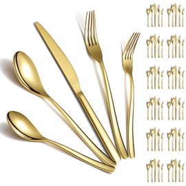 Berglander Gold Silverware Set 60pcs Service for 12, Golden Titanium Plating Stainless Steel Flatware Set, Gold Spoons Forks Knives Set for Home, Wedding, Restaurant, Hotel, Dishwasher Safe