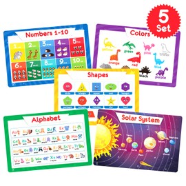 Simply Magic 5 Placemats for Kids - Kids Placemats Non Slip, Washable Reusable Toddler Placemats, Educational Placemats: Alphabet ABC, Shapes, Colors, Numbers, Solar System, Plastic Placemats for Kids