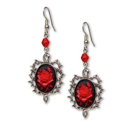Gothic Red Rose Cameo Black Velvet Choker and Dangle Earrings Jewelry Set
