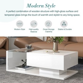 RuiSiSi Modern Coffee Table with Tempered Glass. Wooden Cocktail Table with High-Gloss UV Surface, Modernist 2-Tier Rectangle Center Table for Living Room, White