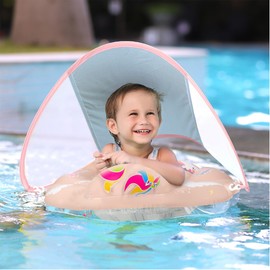 DXIA Baby Swimming Float, baby pool float with canopy, Inflatable Baby Swimming Float with Safe Seat, Baby Swimming Ring, inflatable float seat for Age 12-36 Months Toddlers, Pink