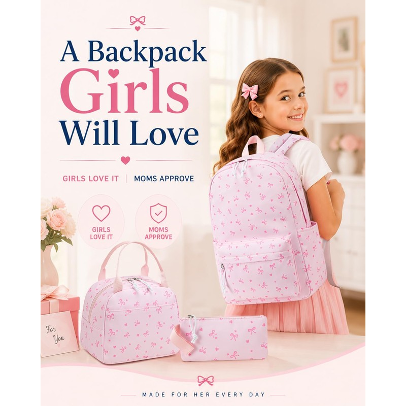 CAMTOP Girls Backpack with Lunch Box Set, Cute Bow School