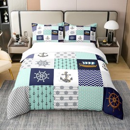 Feelyou Anchor Decor Bedding Set Twin Size Kids Ocean Nautical Voyage Comforter Cover Set for Boys Girls Sailboat Printed 100% Cotton Duvet Cover Marine Themed Bedspread Cover Room Decor Quilt Cover