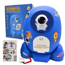 Rocket Ship Piggy Bank for Boys Money Safe Astronaut Piggy Banks for Kids Cash Coin Can ATM Bank Coin Money Bank for Kids with Key Astronaut Sticker Practical Gifts for Children Boys and Girls (Blue)