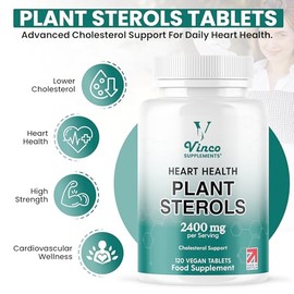 Vinco Plant Sterols High Strength 2400mg - 120 Vegan Tablets, Supports Healthy Cholesterol Levels - Contains Beta-Sitosterol, Vegan and Vegetarian Friendly - Made in The UK