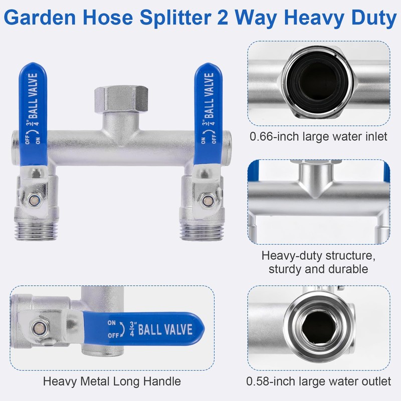 2 Way Garden Hose Splitter, 304 Stainless Steel T Valve,
