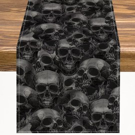 Horror Skull Table Runner Gothic Skeleton Black Halloween Dinner Runner for Indoor Home Kitchen Party Dining Table Decoration 13"x60"