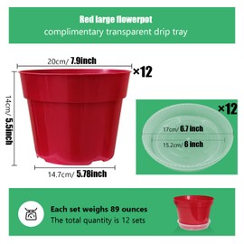 RooTrimmer 8 inch Plastic Flower Pots, Red Plant Pots 12Pack with Saucers for Indoor House Plants Growing and Decoration