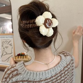 Decorative Hair Clip with Silver Flower and Blue Smiley Center, Blue Fuzzy Band 2pieces (Silver+ milky white)