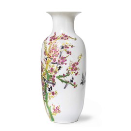 Dahlia Famille Rose Flower Vase, Handmade Chinese Porcelain, Birds on Peach Blossom, Rouleau Shape 15 Inches