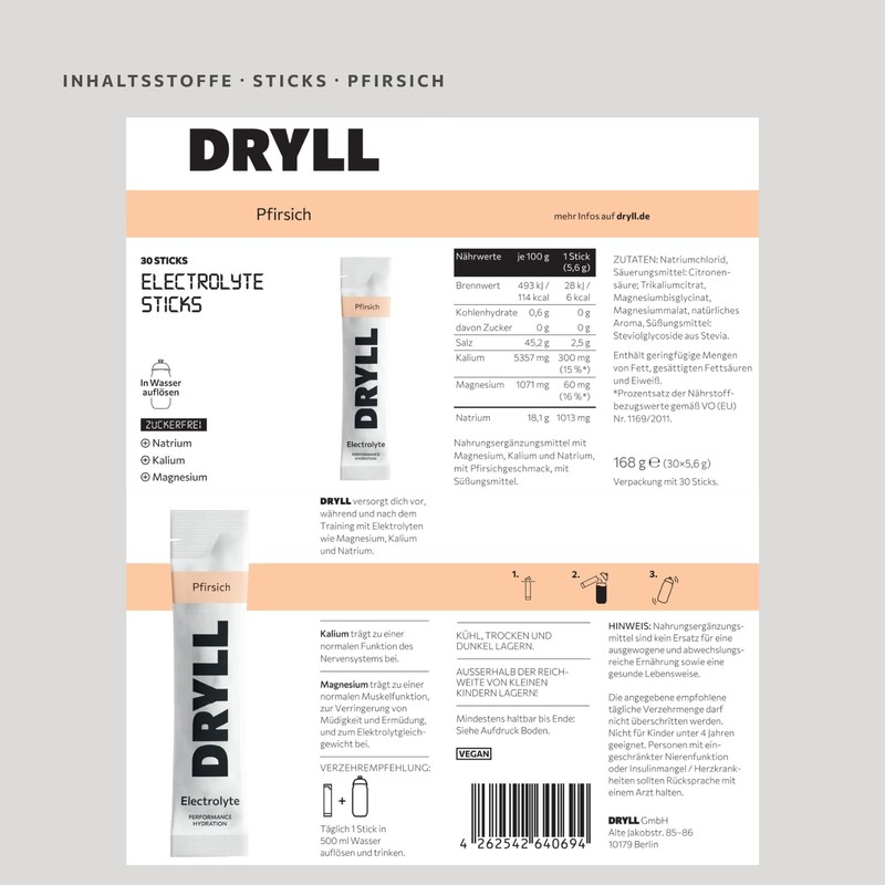 DRYLL Electrolyte Powder, 30 Sticks, Mixed Flavours (Raspberry, Watermelon, Peach,
