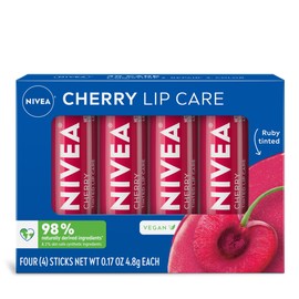 NIVEA Cherry Lip Care, Ruby Tinted Lip Balm Pack with Shea Butter, Nourishing Oils and Vitamin C & E, 3-in-1 Moisture, Repair and Color, 0.17 Oz Stick, Pack of 4