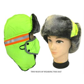 Men Women High Visiblity Reflective Trapper Hat Winter Ski Thermal Wind Proof Hat with Ear Flap Face Mask (US, Alpha, One Size, 1pc Neon Green)