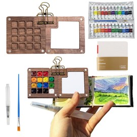 2025 New Pocket Artist Watercolor Travel Set 15 Grid Mini Watercolor Paint Set Paint Palette Travel Kit Include Brush and Sketchbook Mini Portable Watercolor Travel Set for Painters Artists(Wooden)