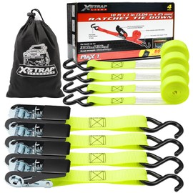 XSTRAP STANDARD Ratchet Tie Down Straps - 4 Pk - 10 Ft- 300 Lbs Load Cap- 900 Lbs Break Strength-Cargo Straps for Moving Appliances, Lawn Equipment, Motorcycle (Yellow)