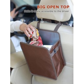 Ginsco 3 Gallons Open-Top Car Trash Can, Large Capacity Hanging Car Trash Bag with Water-Proof PEVA Liner, Stand Car Trash Bag Foldable Car Storage Bag for Cars SUV Truck (Brown)