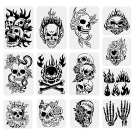 BENECREAT 13PCS Skull Pattern Drawing Stencils, Skull Flame Scary Skeleton Template for Scrabooking Card Making, Wall Floor Art, Festival Decoration