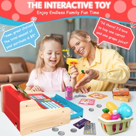 2025 Kasse Kinder Spielzeug aus Holz mit Scanner Rechnerfunktion, Elektronische Spielzeug Kaufladen Zubehör für Kinder, Kinderkasse Kaufladen Rollenspiel Geschenk für Jungen Mädchen ab 3 4 5 6 Jahren