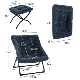 Mordchil HF Folding Saucer Chair with Ottoman, Foldable Comfy Faux-Fur Reading Chair and Footrest Stool Set, Accent Lazy Chairs and Footstool, Lounge Chairs for Living Room, Bedroom, Dorm, Navy Blue