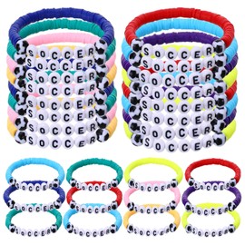 DONQTWAY 30 Pcs Soccer Bracelets Stretch Stackable Clay Beaded Sports Theme Charm Bracelets, Soccer Party Favors Beaded Ball Adjustable Clay Bracelet Sports Gifts Supplies for Women Men(Colorful)