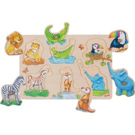 goki 57310 - Background Picture Puzzle Wild Animal Babies - Puzzle for Toddlers with Animal Motifs and Wooden Handles