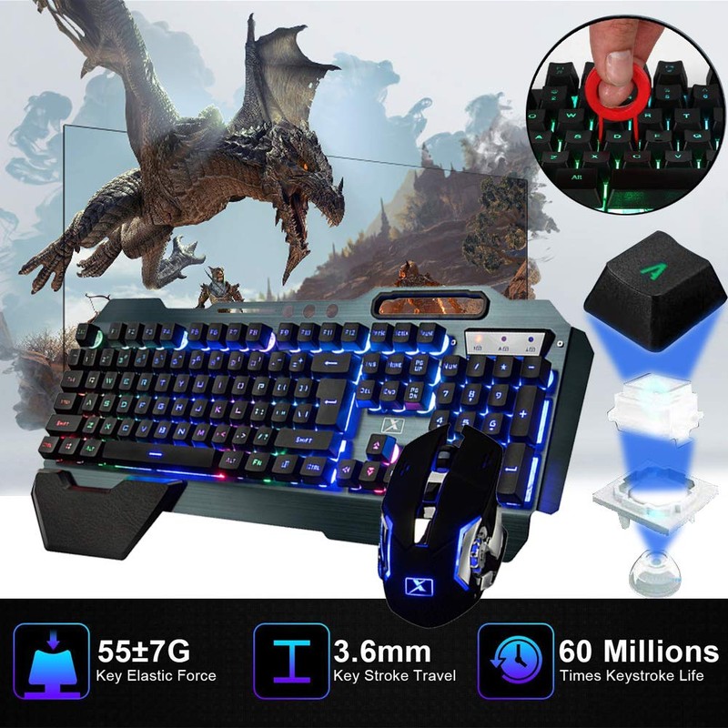 Wireless Gaming Keyboard and Mouse,Rainbow Backlit Rechargeable Keyboard Mouse with