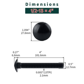 1/2-13 x 4 Black Carriage Bolts with Nuts and Washers Kits (6 Sets), 304 Stainless Steel 18/8, Black Finish, Round Head, Square Neck, Heavy Duty Bolts, Indoor Outdoor Fastening Bolts, Fayeploo