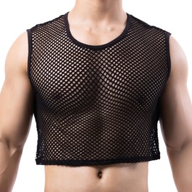 Mens Fishnet Crop Top Shirt Mesh Vest See Through Sleeveless Undershirts Nightwear Tank Shirt