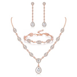 SAILIMUE Wedding Bridal Jewelry Set for Women Silver Prom Costume Jewelry Sets Rhinestone Crystal Teardrop Necklace Earrings Bracelet Bridesmaid Jewelry Accessories Blue Silver Red Rose Gold