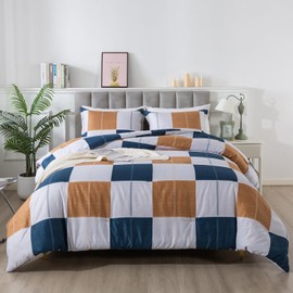 Caressma Plaid Checkered Comforter Set Navy Blue and Gray, Fluffy Brown Geometric Grid Buffalo 3 Pieces Comforter Set Queen with Two Matching Pillow Shams