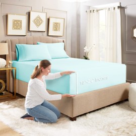 Empyrean Bedding Extra Deep Fitted Sheets King Size - 24" Extra Deep Fitted Sheets Set with 2 Pillowcases - 3 Piece Extra Deep Fitted Bed Sheet - Extra Deep King Fitted Bed Sheets - Light Baby Blue