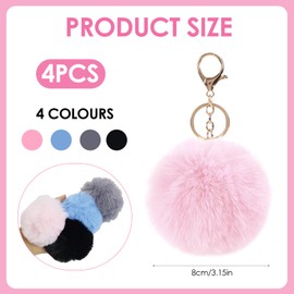Set of 4 Fluffy Pompoms Key Chains, Plush Bag Pendant in Various Colours, Soft Pompom Pendant for Handbags, Keys and Car, Gift, 8 cm Diameter, Plush Keychain, Black, red, blue, pink