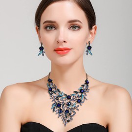 Clearine Leaf and Flower Jewellery Set Wedding Bridal Leaf Cluster for Women Wedding Party Crystal Flower Enamel Statement Necklace and Dangle Earrings Jewellery Set Emerald Green Gold Tone, Alloy
