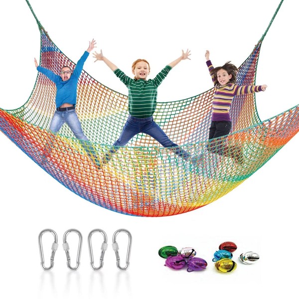 HOEE Kids Playground Climbing Cargo Net - 9.8 x 9.8Ft Kids Playground Safety Net,Polyester Double Layers Rope Bridge Net for Tree House and Outdoor Adventure（Rainbow）