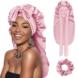DRESHOW Long Satin Braid Cap for Women Silk Hood for Sleeping Sleep Cap with Elastic Band Night Cap for Long Curly Hair Locs, 1 x sleep cap: pink