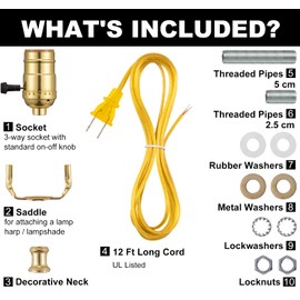 Brass Finish Lamp Repair Kit - Rewire Table & Floor Lamps, 3 Way Socket Replacement, 12FT Cord & Hardware