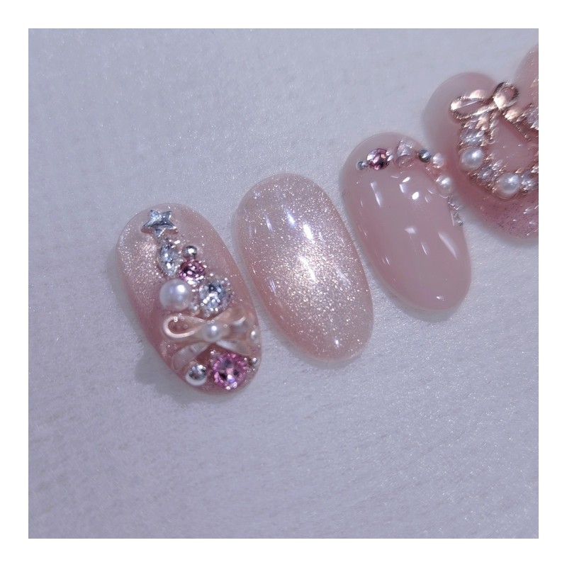 Rosé Holiday Handmade Nail Tips Pink Tree Nails - Coffin