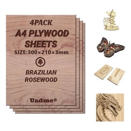 Uadme Plywood Board 3 mm A4, Brazilian Rosewood Wood Board, Pack of 4 Untreated Wood for Laser Engraving, CNC Cutting, Craft Painting, Modeling, Engraved Home Decoration