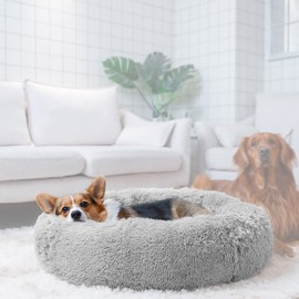 ANPTGHT Calming Dog Bed, Round Donut Cuddler Pet Beds washable plush comfy Cozy Small Medium Dogs Cushion for Cat Puppy Doggie Chihuahua Waterproof Bottom (24"), Light Grey