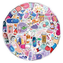 65Pcs Pill Stickers Pack,Cartoon Aesthetic Vinyl Waterproof Sticker Decals for Water Bottle,Laptop,Phone,Skateboard,Scrapbooking,Bumper Decor for Kids Teens Adults Fans for Party Supply Decor
