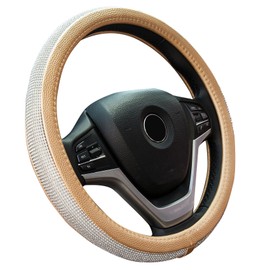 New Diamond Leather Steering Wheel Cover with Bling Bling Crystal Rhinestones, Universal Fit 15 Inch Car Wheel Protector for Women Girls,Gold