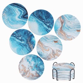 Marble Coasters Set of 6, Absorbent Ceramic Coaster Set with Cork Base and Holder, Sea Ocean Drink Coaster, Non Slip Ceramic Coaster, Round Drink Coasters Set for Home Kitchen Bar Decor