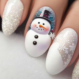 Christmas Press on Nails Medium Almond SWEKKE Winter Fake Nails White False Nails with Designs Snowman Snowflake Full Cover Glossy Glue on Nails Xmas Acrylic Nail for Women Girls 24 Pcs